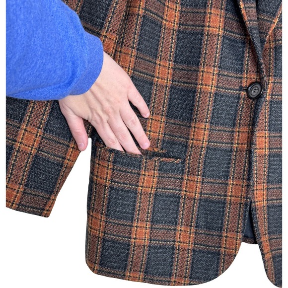 Sag Harbor Petite Vintage 90s Wool Blend Plaid Blazer Orange Brown Grey Size 10P - Picture 8 of 13